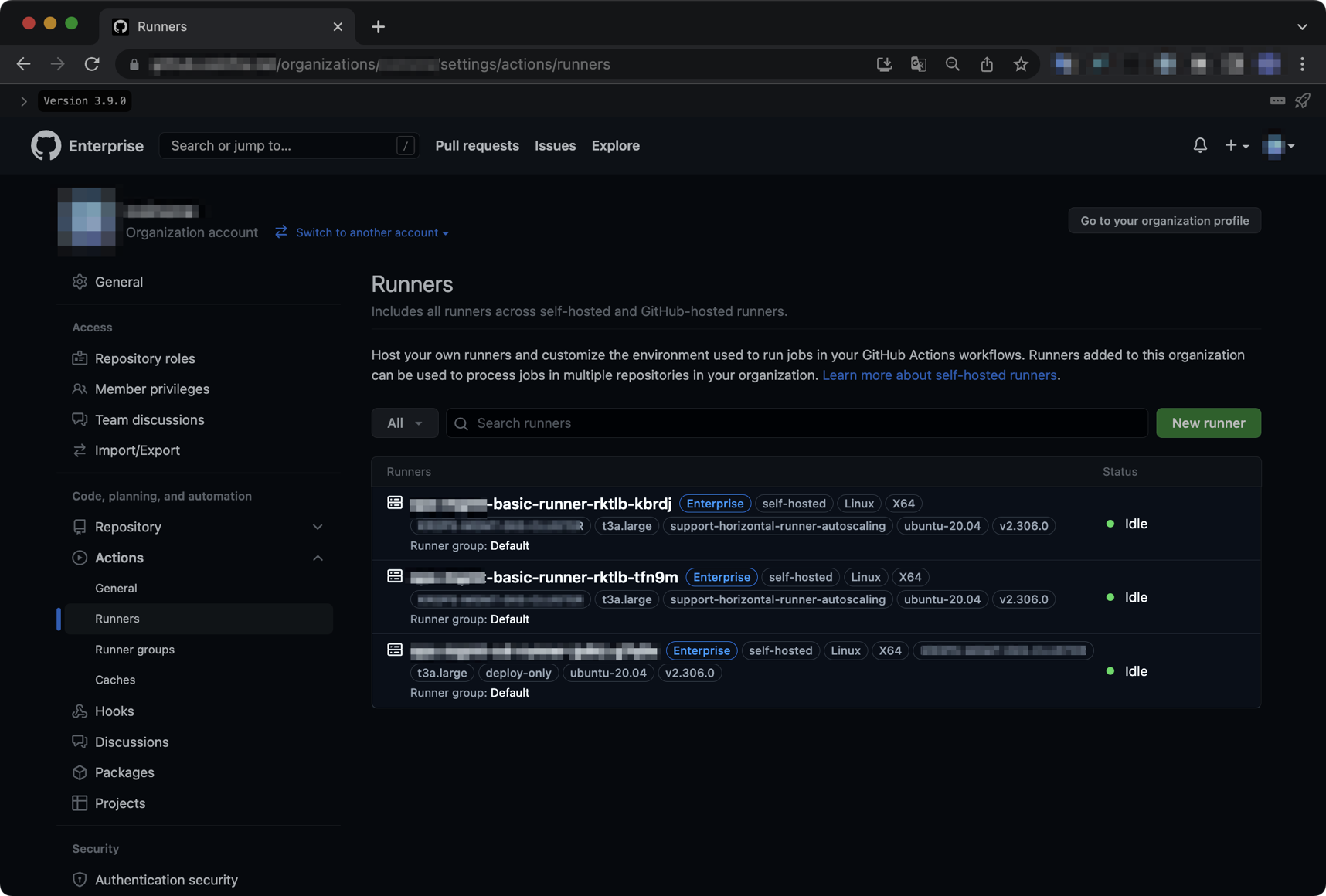 Organizaiton 설정화면에서 조회한 Runner 목록