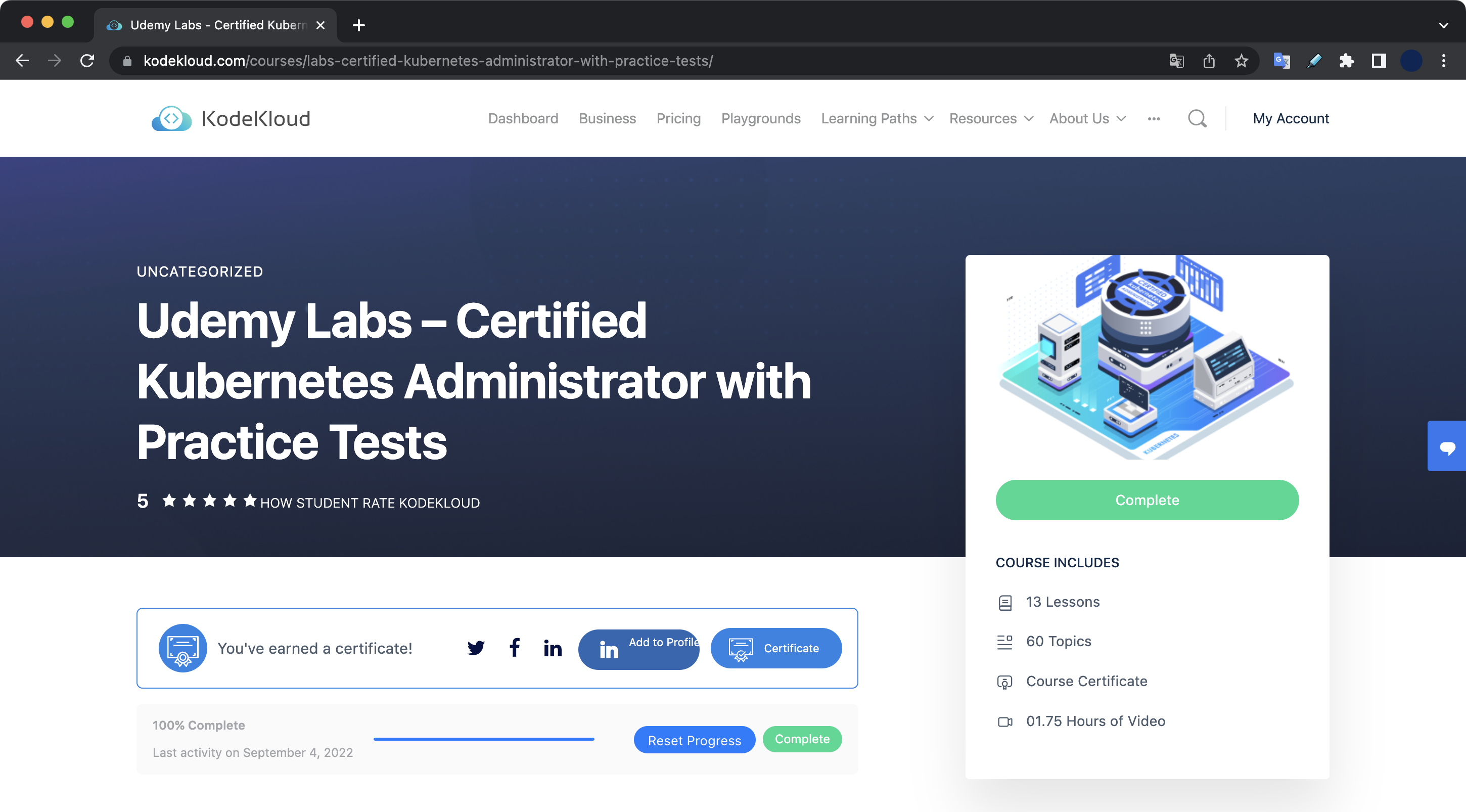 KodeKloud에 강의를 등록한 화면 KodeKloud