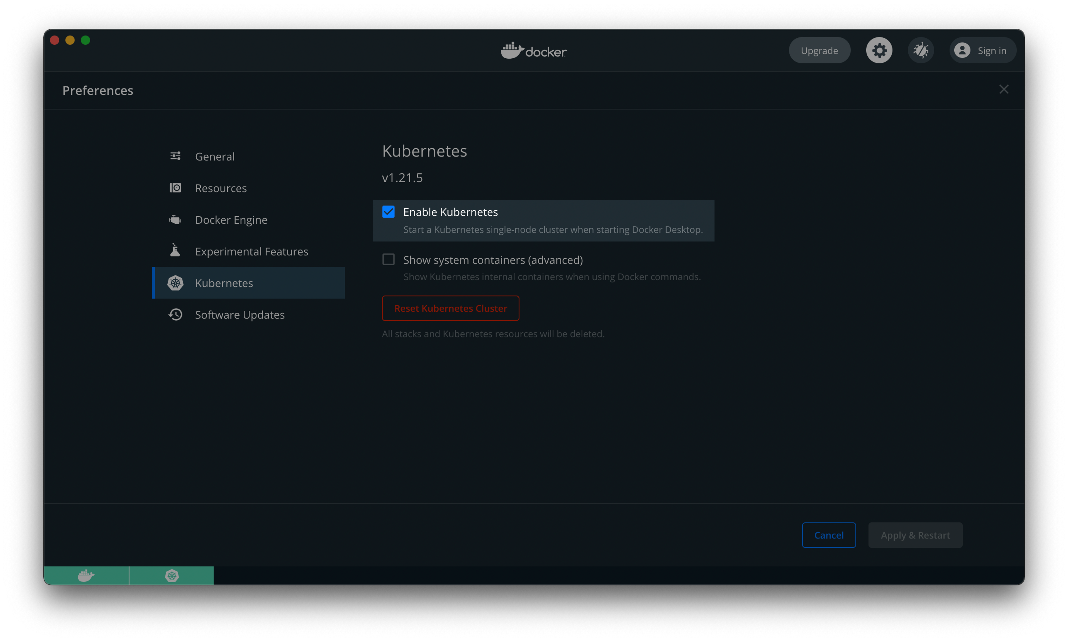 도커 데스크탑의 설정화면 쿠버네티스 활성화하기