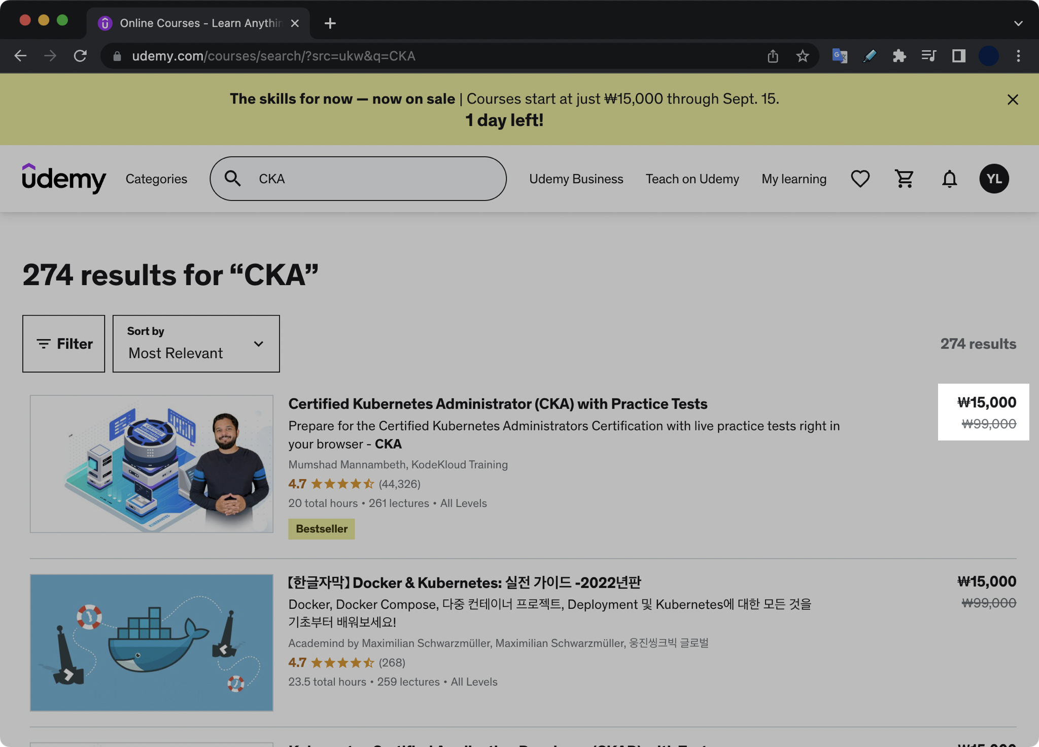 Searching CKA courses on Udemy