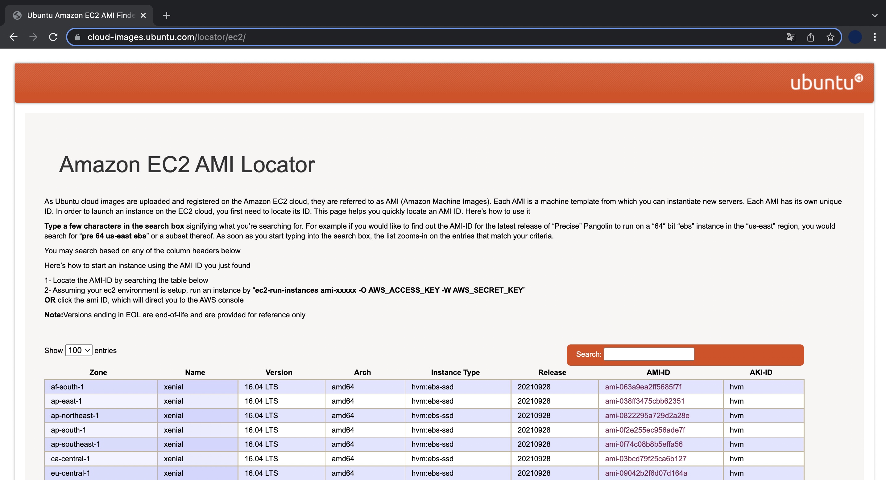 Amazon EC2 AMI Locator 홈페이지 화면